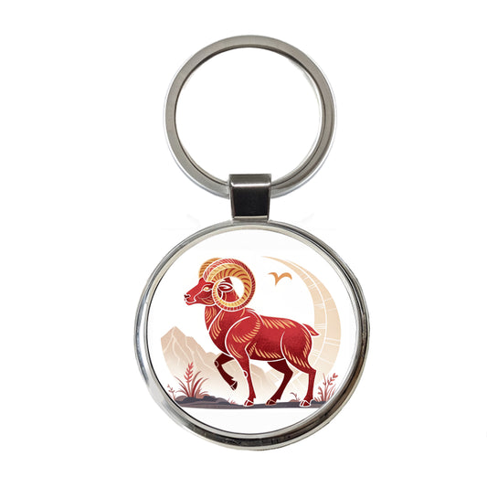Zodiac Horoscope Symbol Aries Ram Round Metal Keychain