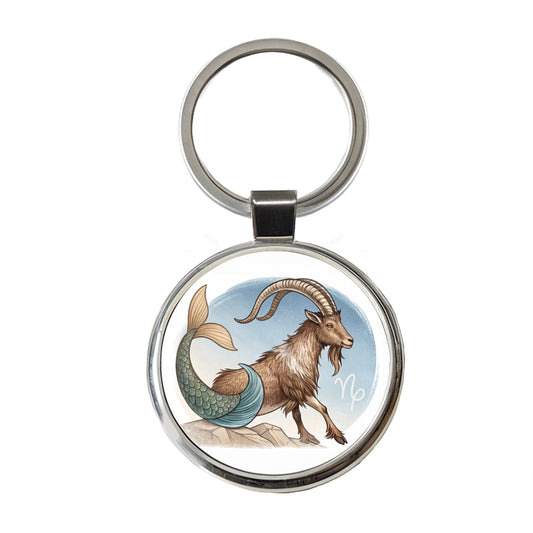 Zodiac Horoscope Symbol Capricorn Sea Goat Round Metal Keychain