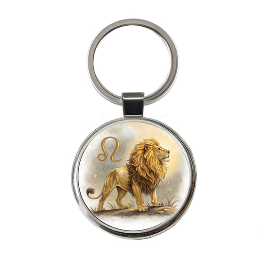 Zodiac Horoscope Symbol Leo Lion Round Metal Keychain