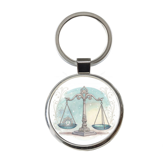 Zodiac Horoscope Symbol Libra Scales Round Metal Keychain