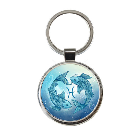 Zodiac Horoscope Symbol Pisces Fish Round Metal Keychain