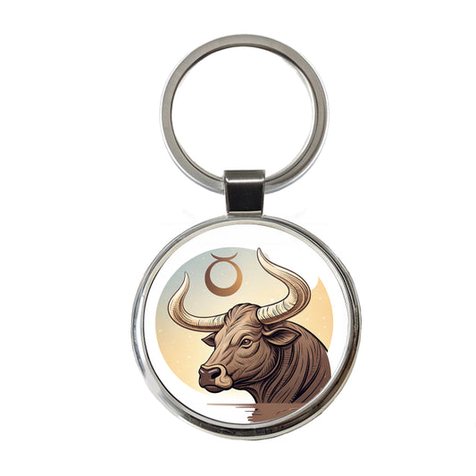 Zodiac Horoscope Symbol Taurus Bull Round Metal Keychain