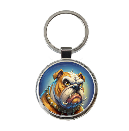 Angry Mad Bulldog Face School Mascot Round Metal Keychain