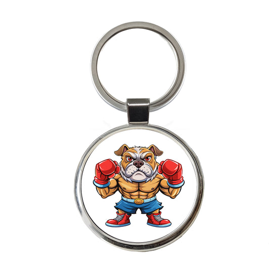 Fighting Bulldog Mascot With Boxing Gloves Round Metal Keychain