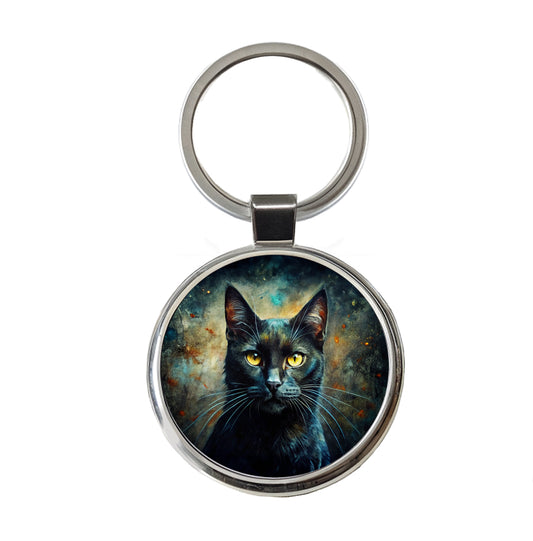 Black Cat Abstract Art Round Metal Keychain