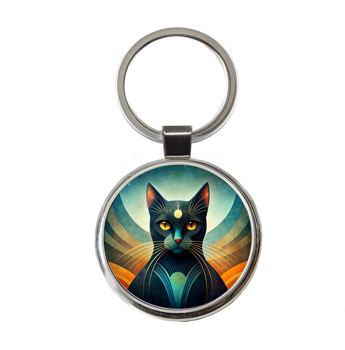 Black Cat Abstract Stylized Art Round Metal Keychain