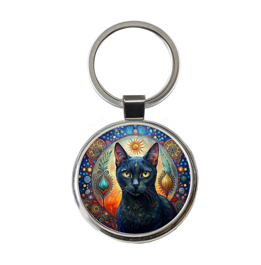 Black Cat Bohemian Art Round Metal Keychain