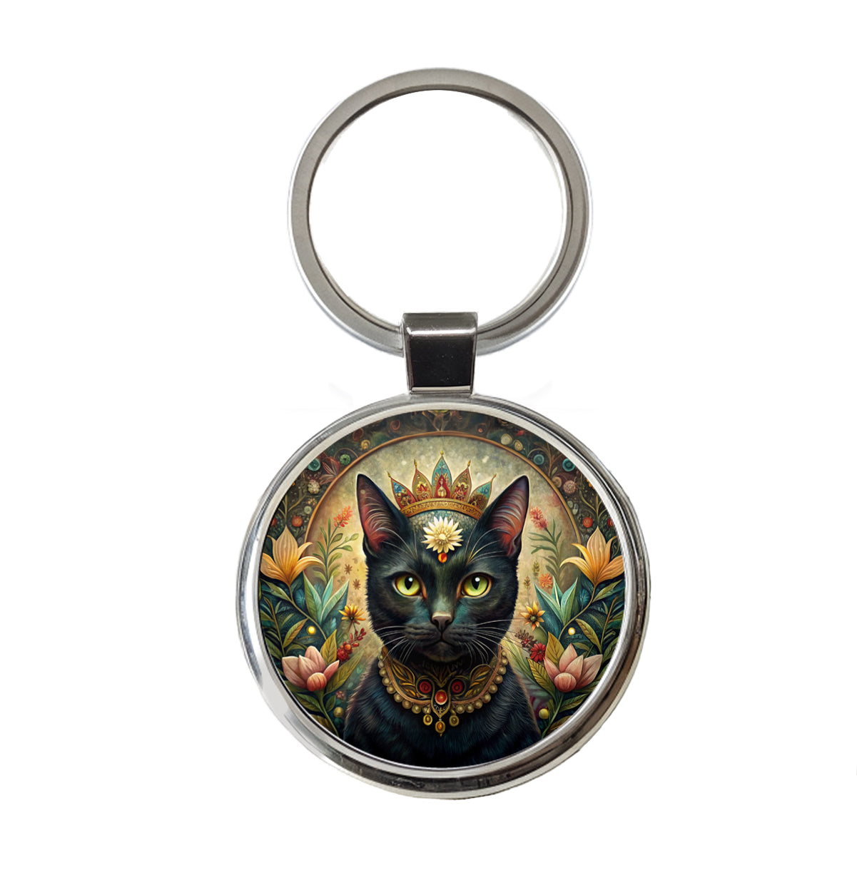 Black Cat French Bohemian Art Round Metal Keychain