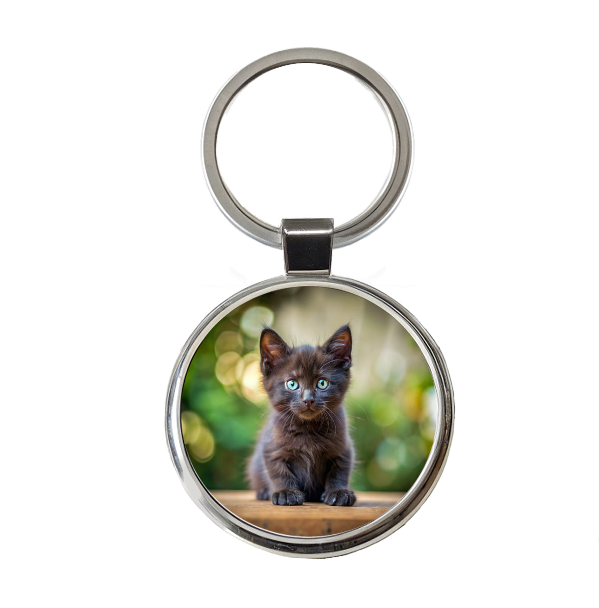 Black Cat Kitten Photo Round Metal Keychain