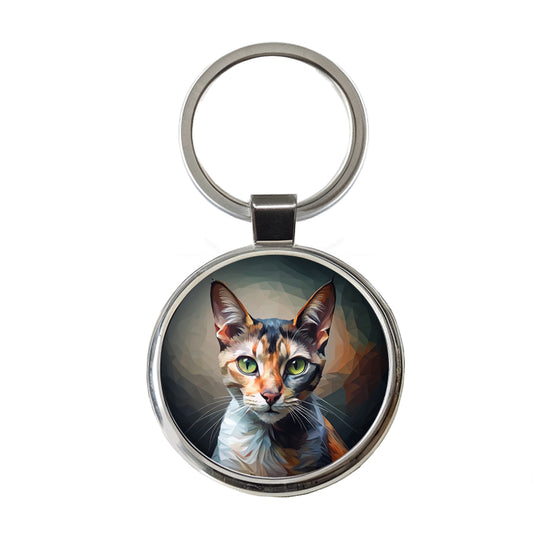 Calico Cat Abstract Stylized Art Round Metal Keychain