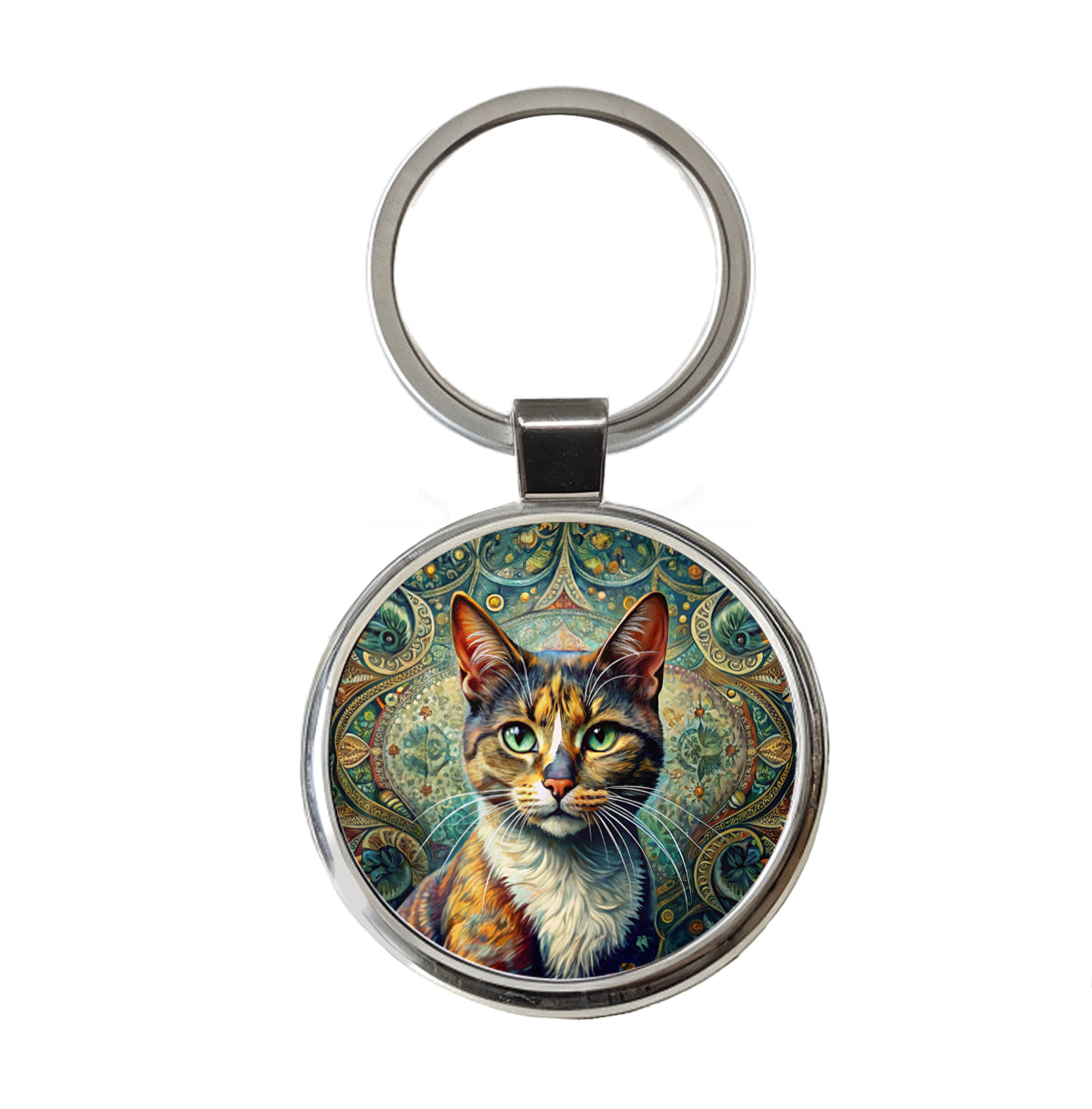 Calico Cat Bohemian Art Round Metal Keychain