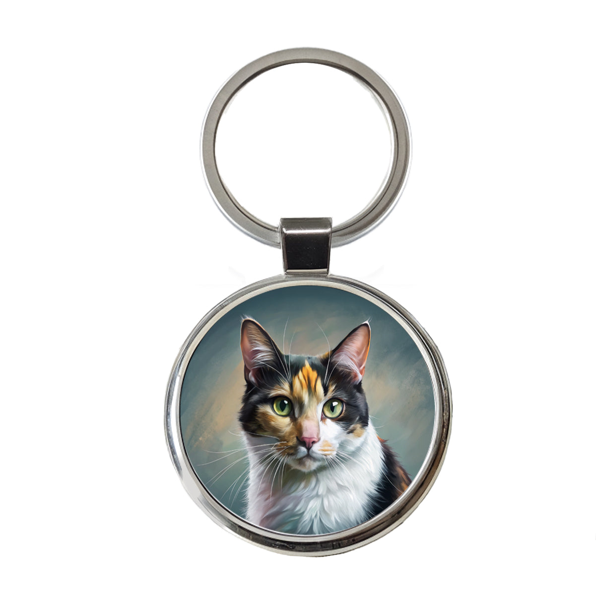 Calico Cat Illustration Round Metal Keychain