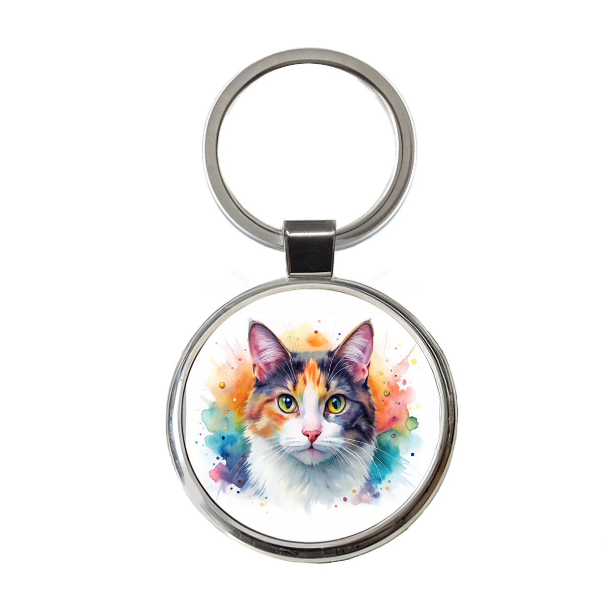 Calico Cat Watercolor Style Round Metal Keychain