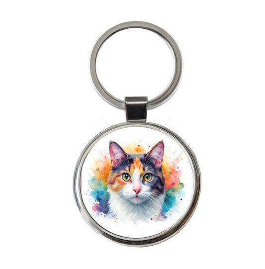Calico Cat Watercolor Style Round Metal Keychain