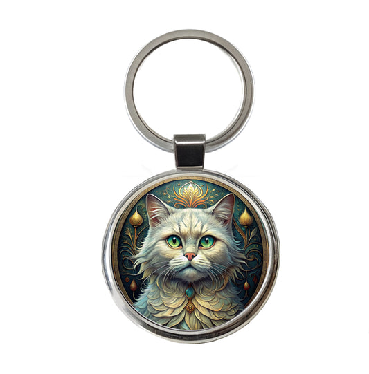 Persian Cat Art Nouveau Round Metal Keychain