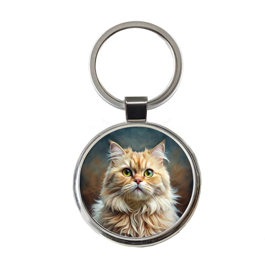 Persian Cat Illustration Round Metal Keychain
