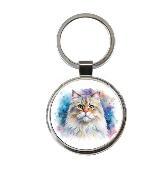 Persian Cat Watercolor Style Round Metal Keychain