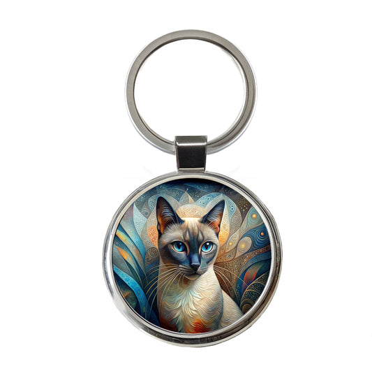 Siamese Cat Abstract Art Round Metal Keychain