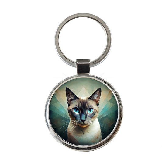 Siamese Cat Abstract Stylized Art Round Metal Keychain