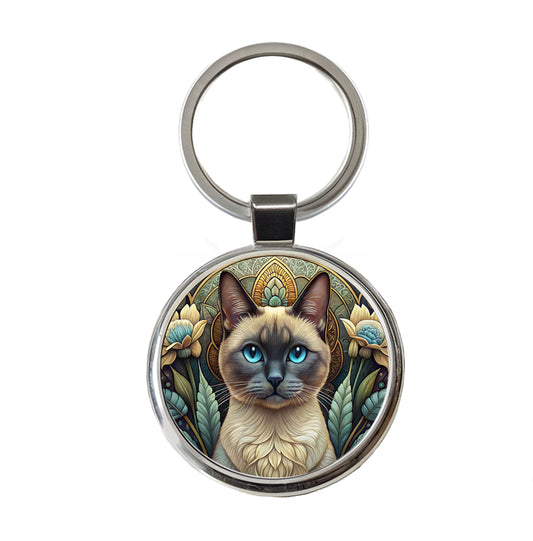 Siamese Cat Art Nouveau Round Metal Keychain