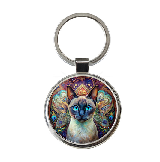 Siamese Cat Bohemian Art Round Metal Keychain