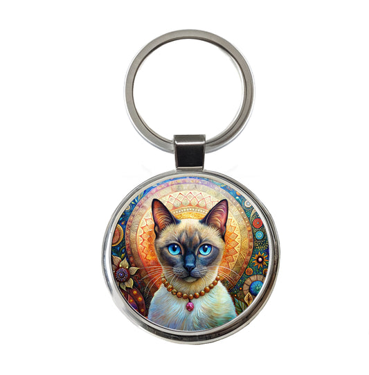 Siamese Cat French Bohemian Art Round Metal Keychain