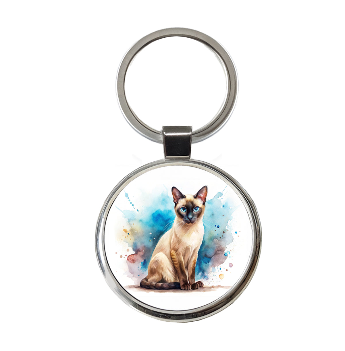 Siamese Cat Watercolor Style Round Metal Keychain