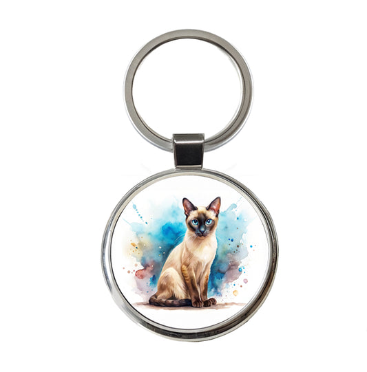 Siamese Cat Watercolor Style Round Metal Keychain