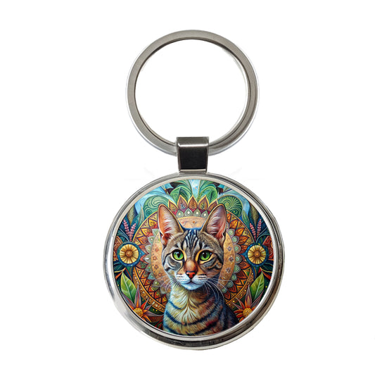 Tabby Cat Bohemian Art Round Metal Keychain