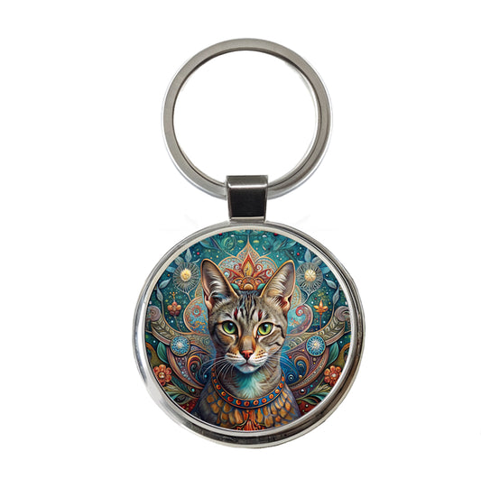 Tabby Cat French Bohemian Art Round Metal Keychain