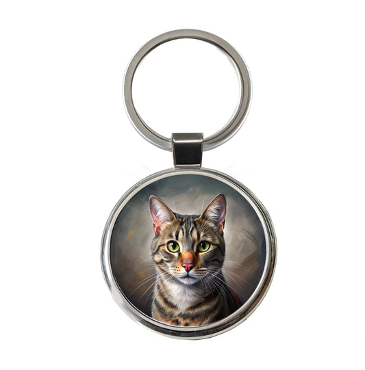 Tabby Cat Illustration Round Metal Keychain