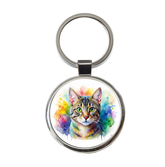 Tabby Cat Watercolor Style Round Metal Keychain