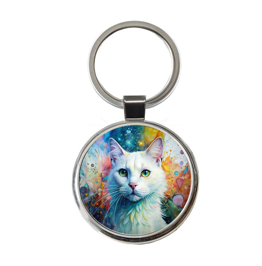 White Cat Abstract Art Round Metal Keychain