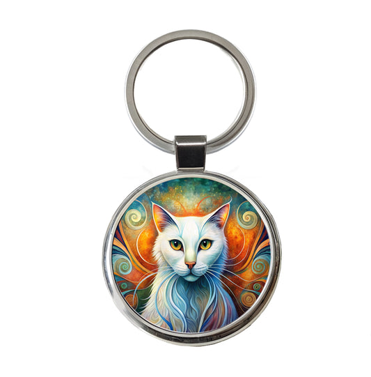 White Cat Abstract Stylized Art Round Metal Keychain