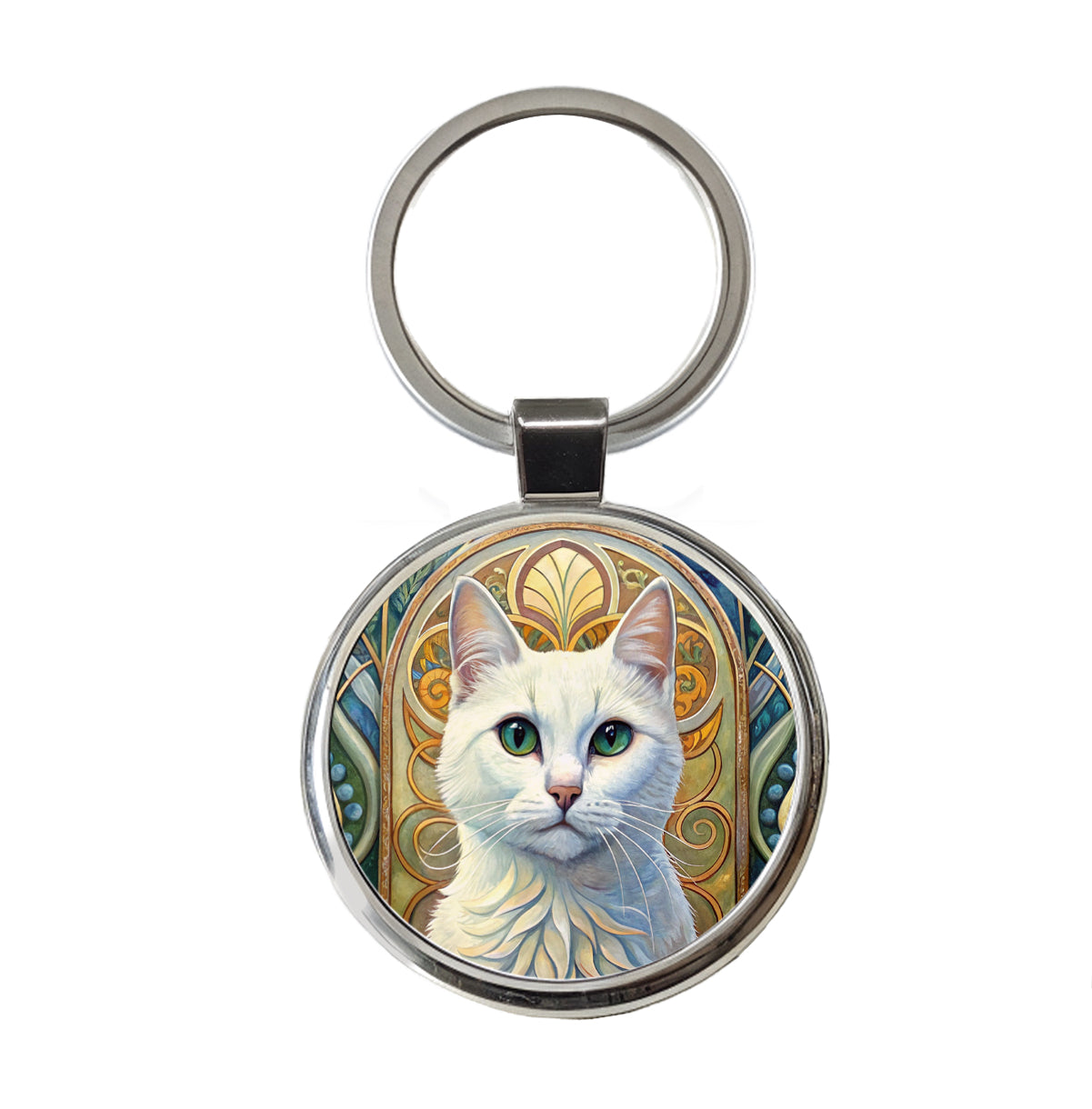 White Cat Art Nouveau Round Metal Keychain
