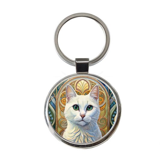White Cat Art Nouveau Round Metal Keychain