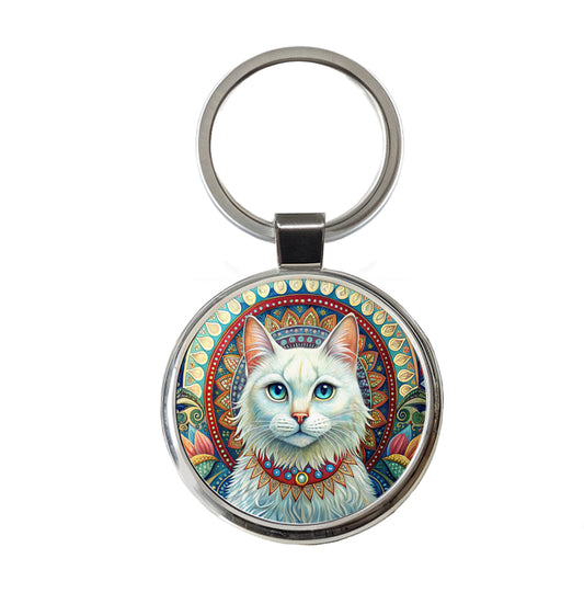 White Cat Bohemian Art Round Metal Keychain
