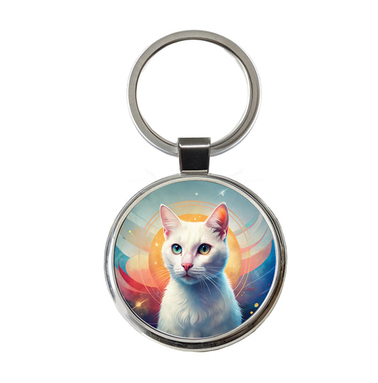 White Cat Contemporary Art Round Metal Keychain