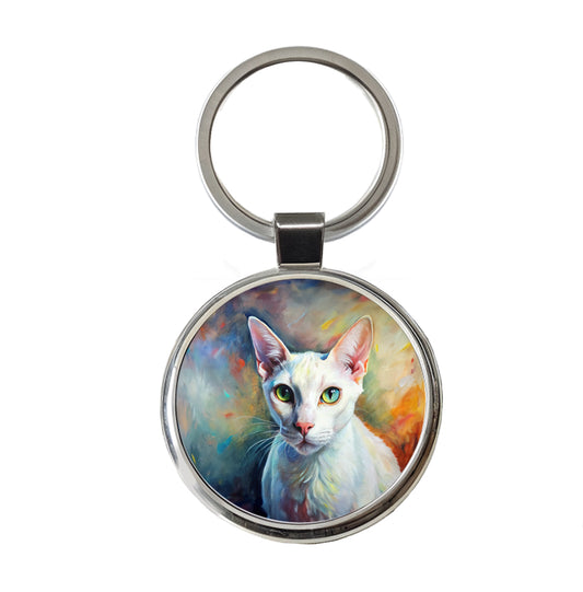 White Cat Expressionism Art Round Metal Keychain