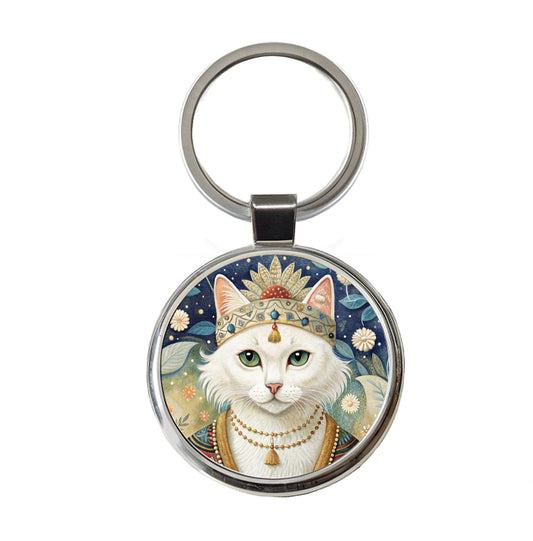 White Cat French Bohemian Art Round Metal Keychain