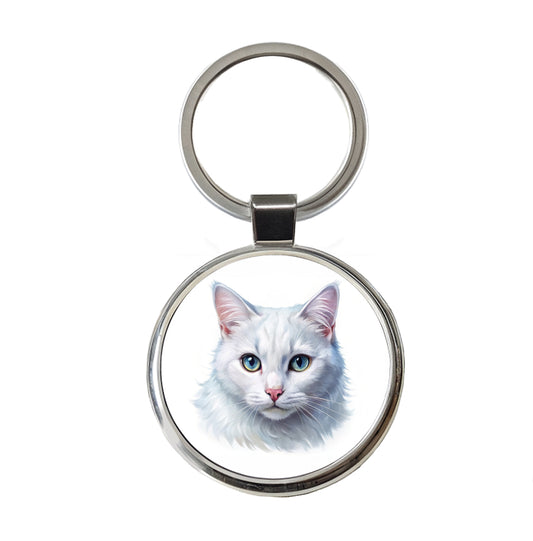 White Cat Illustration Round Metal Keychain