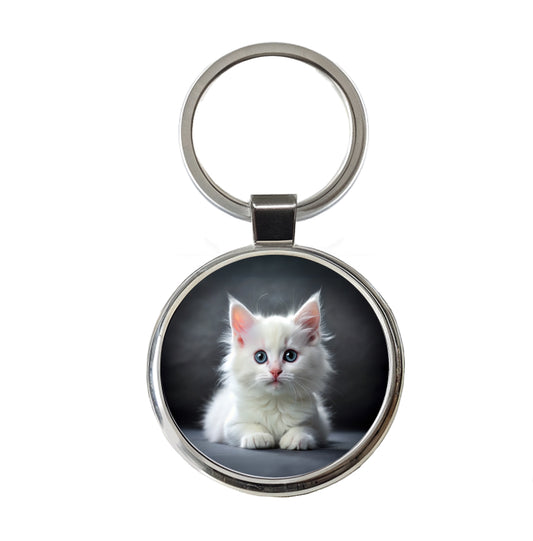 White Cat Kitten Photo Round Metal Keychain