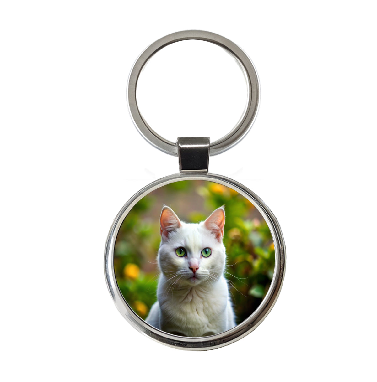 White Cat Photo Round Metal Keychain