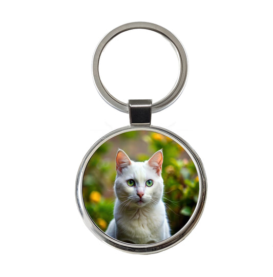 White Cat Photo Round Metal Keychain