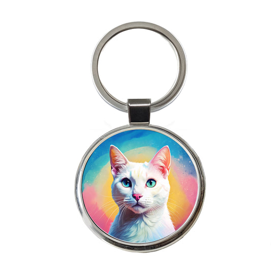 White Cat Pop Art Round Metal Keychain