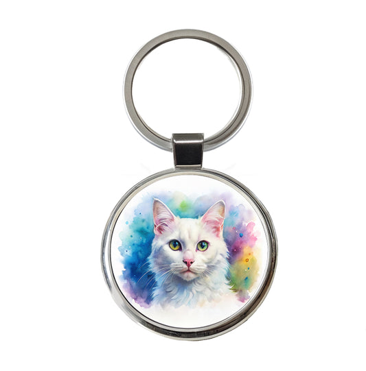 White Cat Watercolor Style Round Metal Keychain
