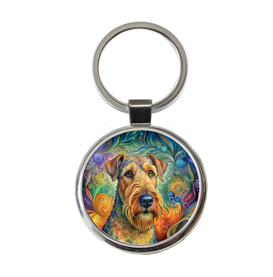 Airedale Terrier Dog Bohemian Art Round Metal Keychain