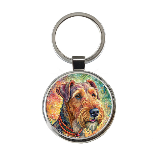 Airedale Terrier Dog French Bohemian Art Round Metal Keychain