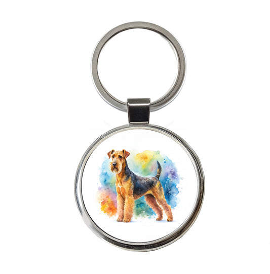 Airedale Terrier Dog Watercolor Style Round Metal Keychain