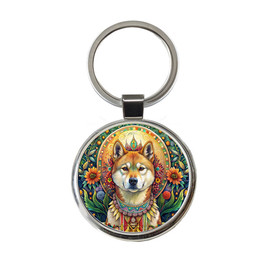 Akita Dog Bohemian Art Round Metal Keychain